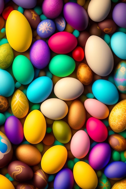 A large number of colorful eggs are stacked together.