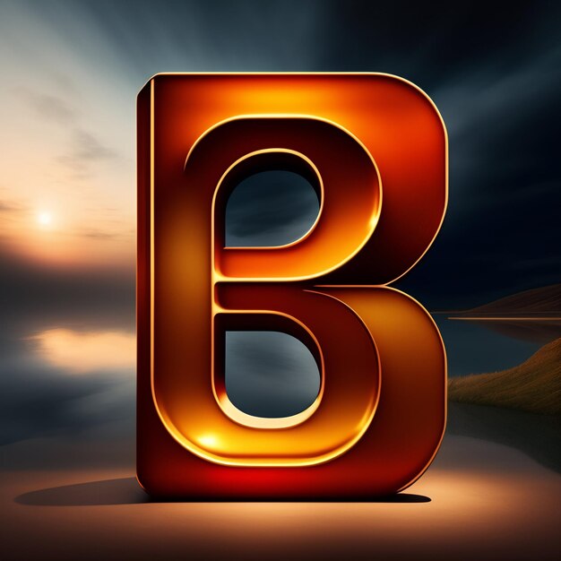 A large orange letter b with a sunset in the background.