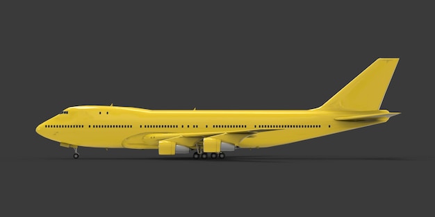 Большой пассажирский самолет большой вместимости для дальних трансатлантических перелетов. желтый самолет на сером изолированном фоне. 3d иллюстрации.