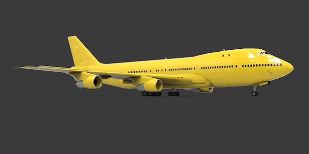 Большой пассажирский самолет большой вместимости для длительных трансатлантических перелетов. желтый самолет на сером изолированном фоне. 3d иллюстрации. Premium Фотографии