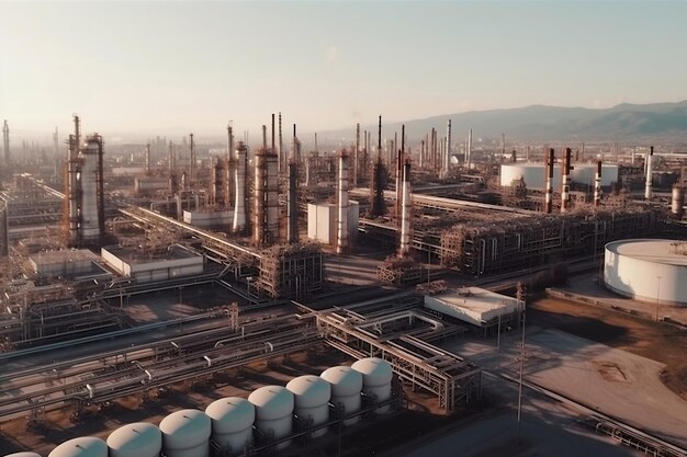 Large refinery complex with lots of pipelines at daylight generative ai