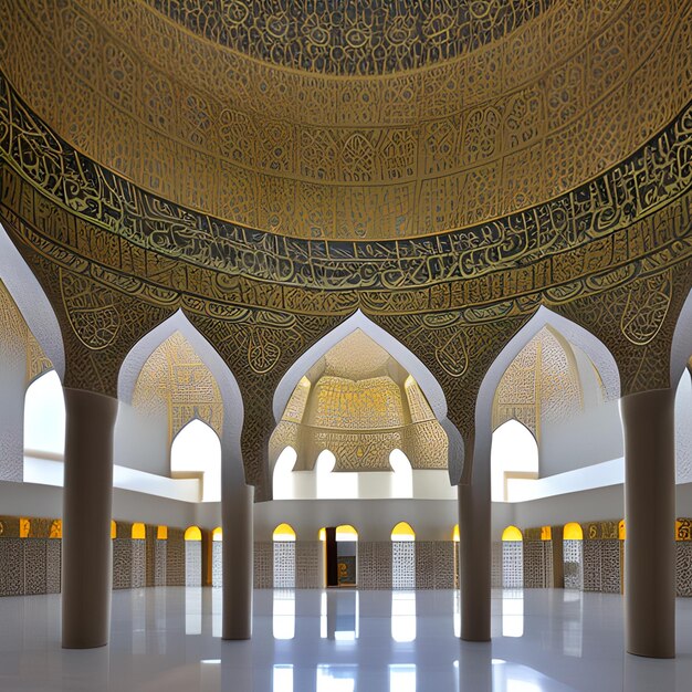 A large room with a large ceiling with gold and green designs.