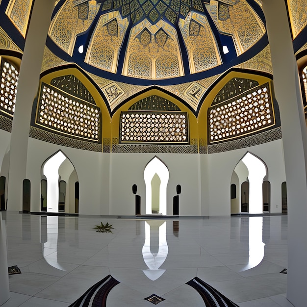 A large room with a large dome and a design on the ceiling.