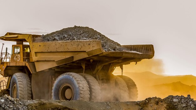 아프리카 백금 광산에서 모래를 운반하는 대형 트럭