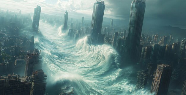 Large tsunami wave crashing into a city