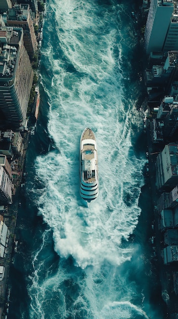 Large tsunami wave crashing into a city