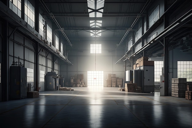 A large warehouse with a bright light coming through the door