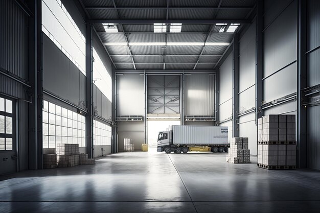 A large warehouse with a large truck in the middle of it.