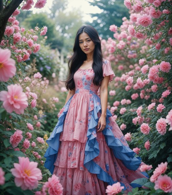 latina girl wearing a dress in a carnation garden