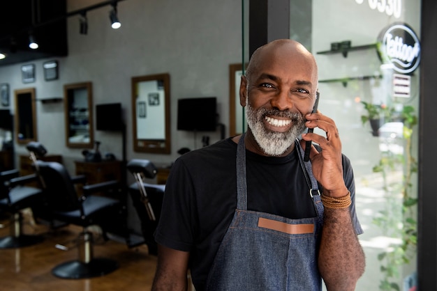 Latino hair salon owner preparing for clients