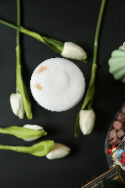 latte black coffee milk espresso cinnamon milk foam top view