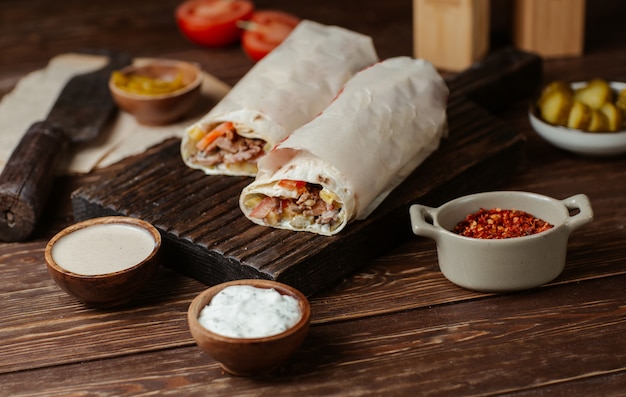 Lavash rolls with meat and vegetables