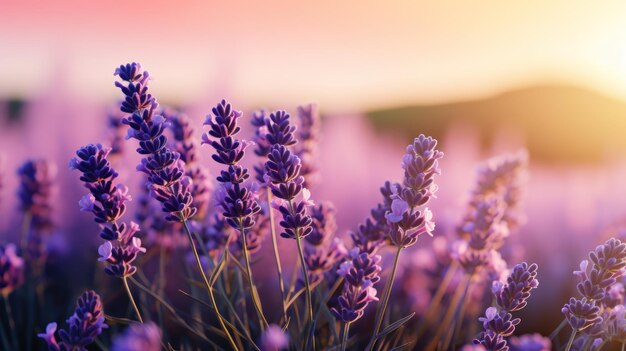 Lavender flowers in full bloom against a soft purple gradient