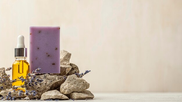 Lavender and oil bottle arrangement with copy space