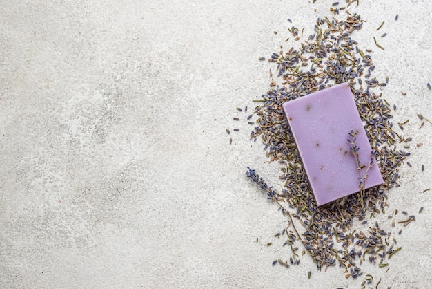 Lavender plant and soap arrangement with copy space