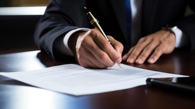 Lawyer scrutinizing and signing a document panoramic banner with copy space