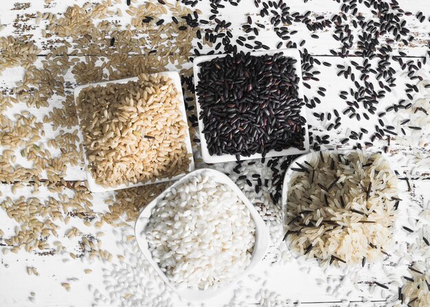 Lay out of brown black white and wild rice