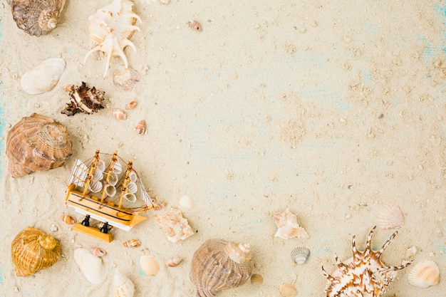 Layout of seashells and toy boat on sand