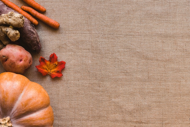 Leaf lying near vegetables