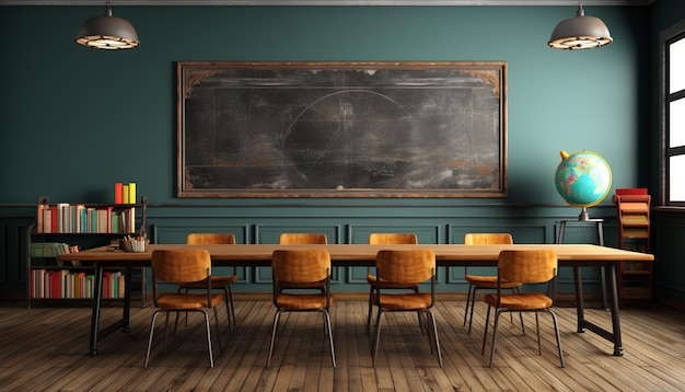 Free photo learning in a modern classroom with wooden desks and blackboard generated by artificial intelligence