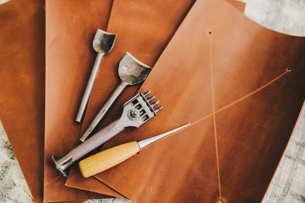 Leather crafting DIY tools flat lay still life