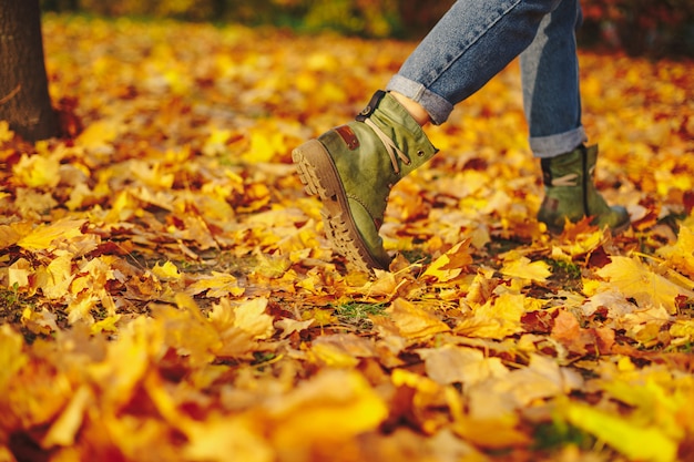 秋の紅葉を歩く革の靴