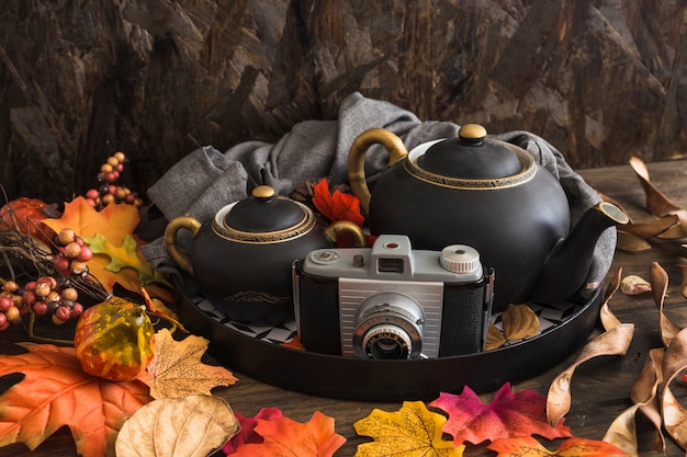 Leaves around tea set and camera