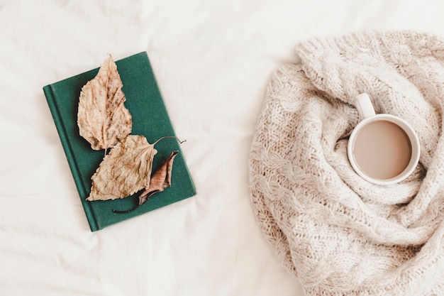 Foto gratuita foglie sul libro vicino alla bevanda calda in coperta