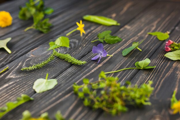 Leaves and flowers on wooden textured background