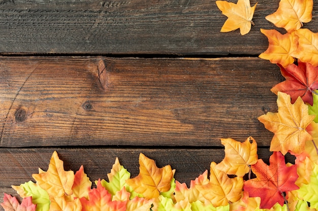 Leaves frame on wooden background