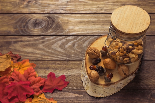 Leaves near nuts and piece of wood 