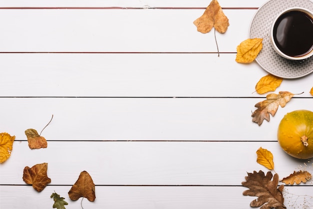 Leaves and pumpkin near fresh beverage