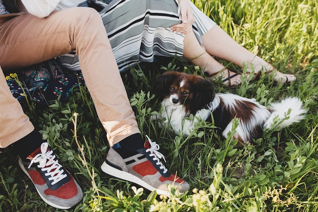 Gambe in scarpe da ginnastica di seduta in erba giovane coppia hipster alla moda innamorata che cammina con il cane in campagna, moda boho stile estivo, romantico