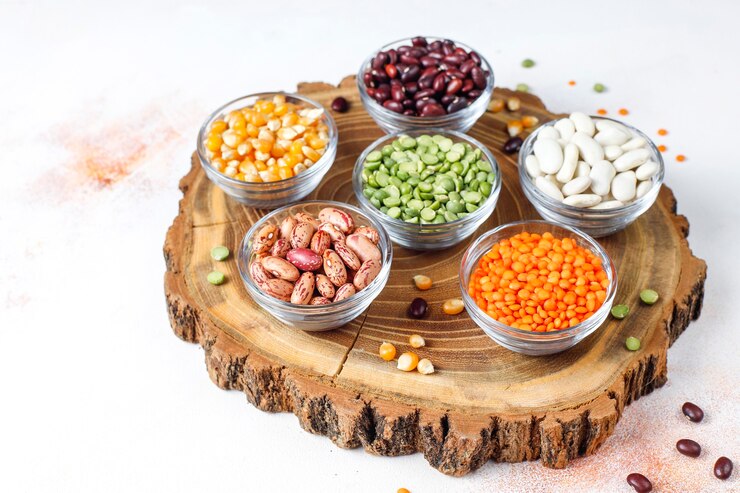 Legumes and beans assortment.Healthy vegan protein food.