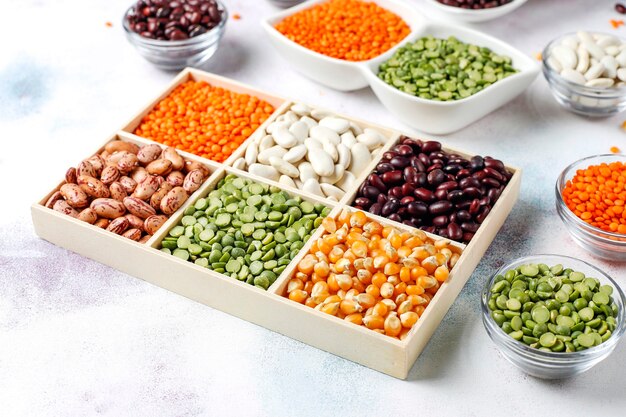 Legumes and beans assortment.healthy vegan protein food.