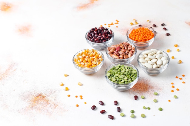 Legumes and beans assortment.Healthy vegan protein food.