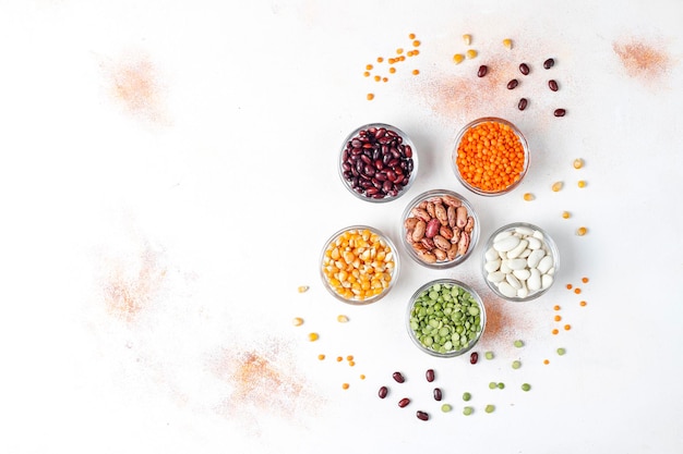 Legumes and beans assortment.Healthy vegan protein food.