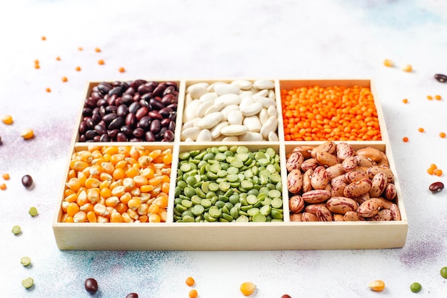 Legumes and beans assortment.healthy vegan protein food.