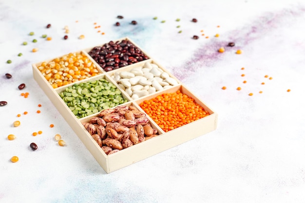 Legumes and beans assortment.Healthy vegan protein food.