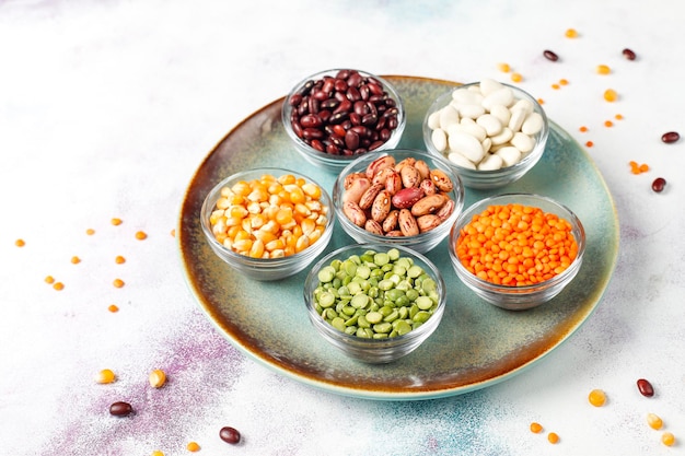 Legumes and beans assortment.Healthy vegan protein food.