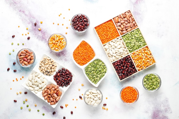 Legumes and beans assortment.Healthy vegan protein food.