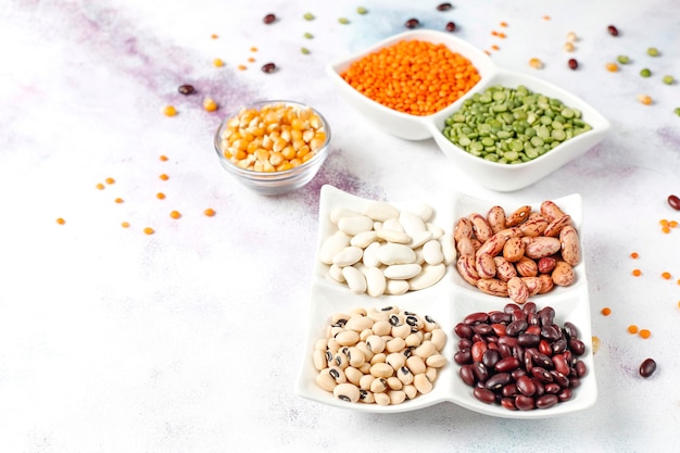 Legumes and beans assortment.Healthy vegan protein food.
