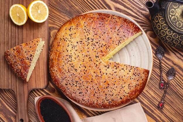 Lemon cake sesame tea pot top view