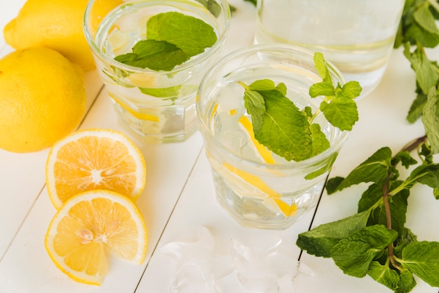 Lemon drink with mint in glasses 