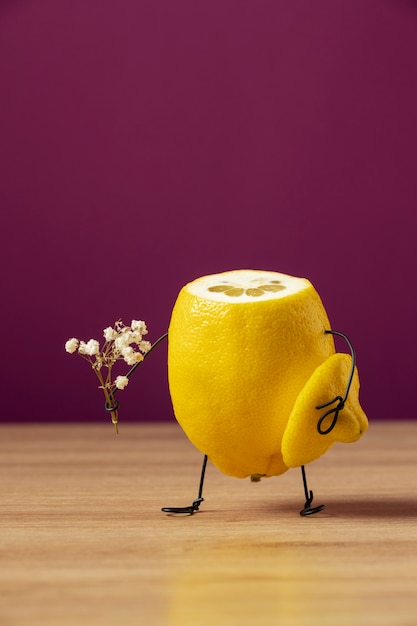 Free photo lemon holding plant still life