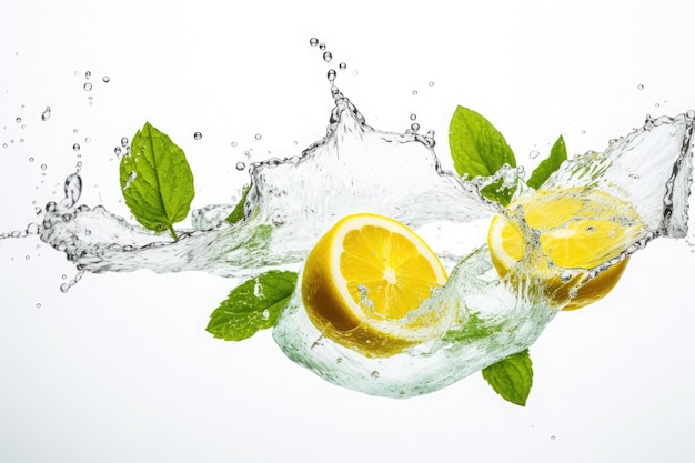 Lemon slice water splash isolated on white background