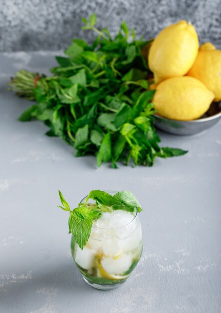Lemons and mint with icy detox water in a bowl on grunge and plaster surface