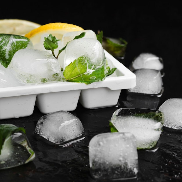 Lemons with mint and ice cubes in tray