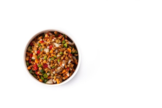 Lentil salad with peppersonion and carrot in bowl isolated on white background