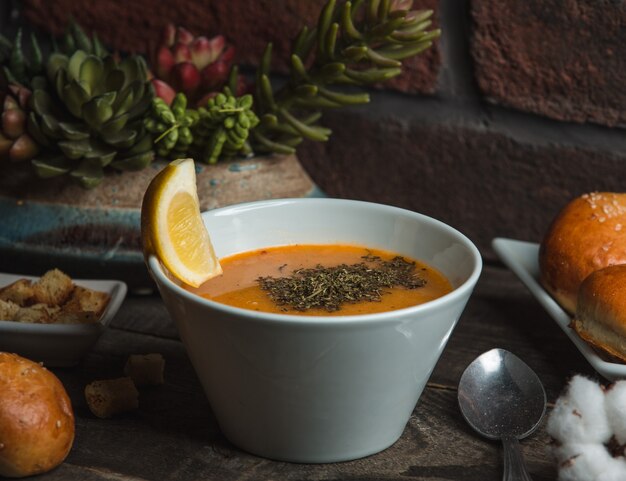 lentil soup with mint on the table